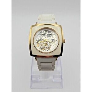 Rare BCBGMAXAZRIA Automatic Skeleton Womens Watch Square Cream Gold Tone Works
